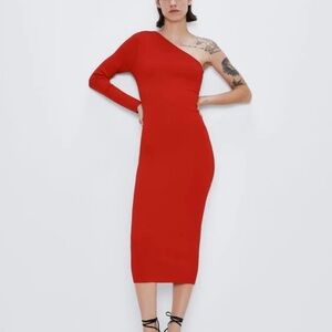 Zara One Long Sleeve Red Asymmetrical Knit Midi Dress Size Small Bodycon Ribbed
